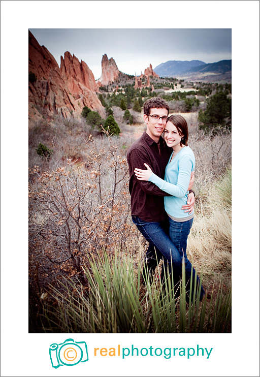 engagement portrait with garden of the gods view