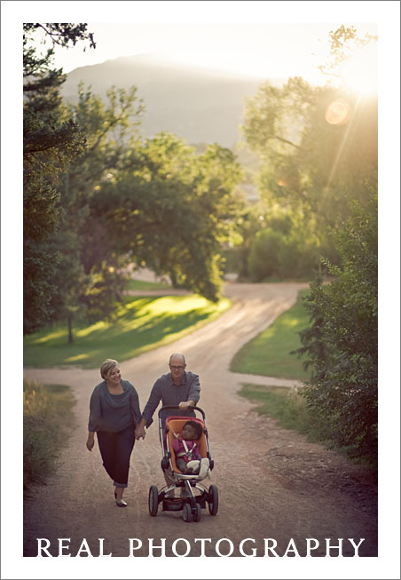 family walk in sunset light