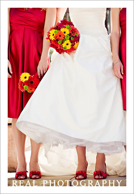 bridesmaids and bride in red shoes estes park