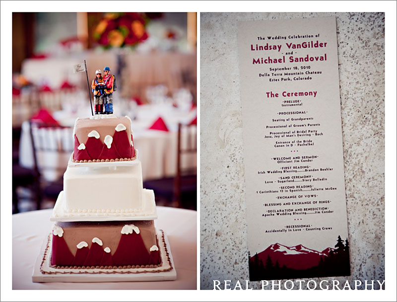 mountain wedding cake with hiker toppers